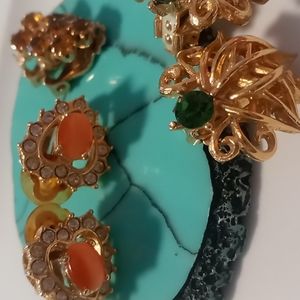 3 Vintage clip on earrings peach cat eye quartz yellow tourmaline green emerald